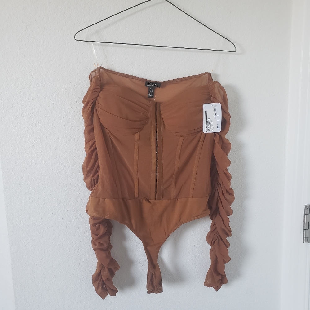 Privy Brown Mesh Corset Style Bodysuit Large